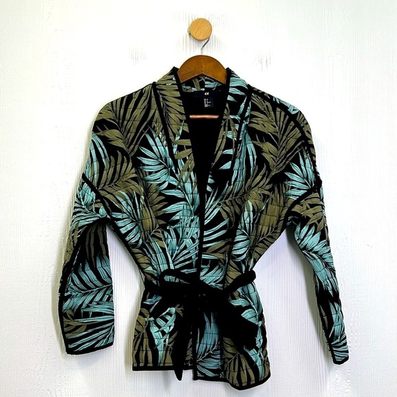 H&M - Tropical Black & Green Quilted Tie Waist Open Long Sleeve Cardigan Size 6 - Picture 6 of 10